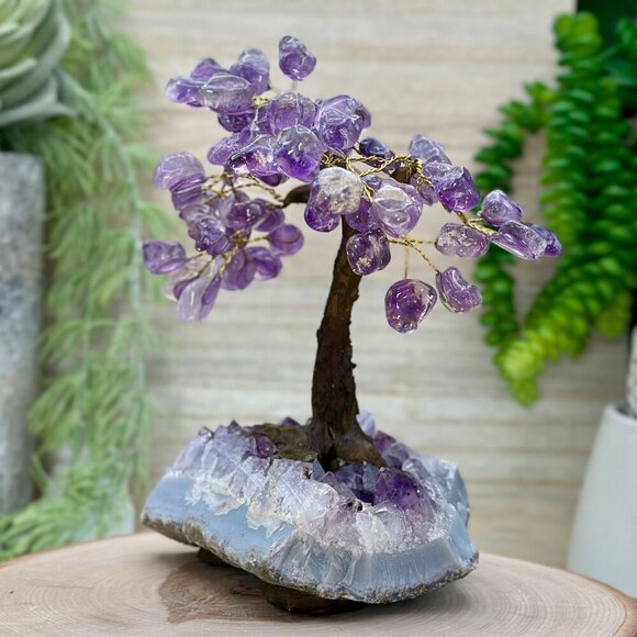 Amethyst Bonsai Crystal Tree Of Life Geode Base Gemstone Chakra Tree 7" Tall (E) - Picture 2 of 16